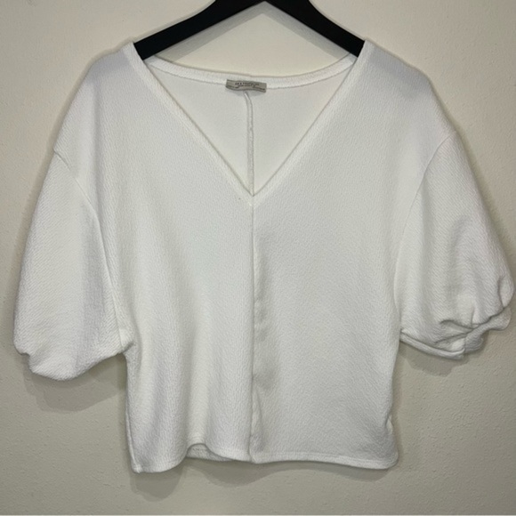 Zara Top V-neck Puff Sleeves Crepe Blouse White - Picture 4 of 5